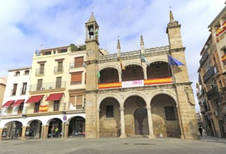 Ayuntamiento town hall Abuelo Mayorga figure, Plasencia, Caceres province, Extremadura, Spain,