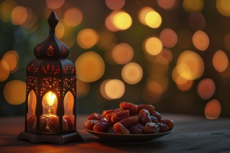 Ramadan lantern with a plate of succulent figs on bokeh background, set on an ornate table with