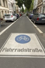 Markings on a cycle lane, cyclists have priority over motor traffic, Cologne, North