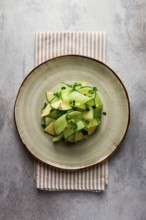 Spring, green salad, cucumber with apple, top view, close-up, no people, microselen radish, healthy