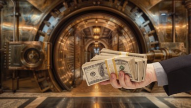 Man handing stacks of thousands of dollars with giant vault in background, AI generated