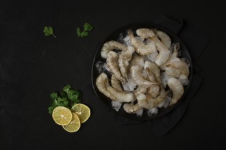 Frozen raw shrimp vannamey, on wooden skewers, ice cubes and lime slices, top view, no people