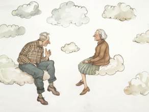 A caricature, illustration of an elderly couple sitting on clouds, cheerful idea of the afterlife,