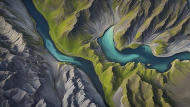 Aerial view perpendicular top down of an abstract colorful river along the coastline, AI generated