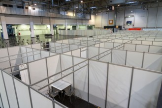 Construction of a vaccination centre for corona vaccinations, in a hall at Messe Essen, by the