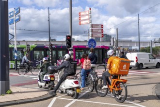 Cyclist, moped rider, waiting at a red traffic light, Feijenoord, in front of the Erasmus Bridge,