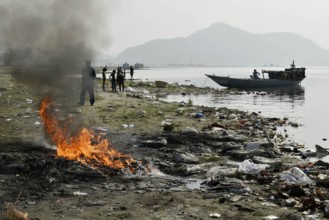 Polluted banks of Brahmaputra River, in Guwahati, Assam, India on Monday, March 22, 2021. March 22