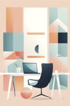 Minimalist illustration of an abstract symbolic wallpaper composition representing home office, AI