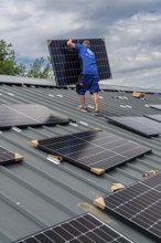 Installation of solar modules on the roof of a barn on a farm, over 240 photovoltaic modules are