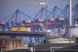 Ramp of the Köhlbrand Bridge in the Port of Hamburg, behind the Container Terminal Tollerort, spans