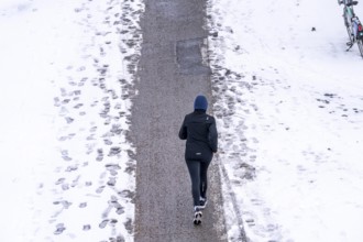 Winter in the city, cleared riverside path on the Main, jogger, Frankfurt, Hesse, Germany, Europe