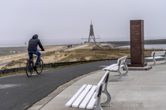 Thick fog in winter, hangs over the mouth of the Elbe into the North Sea, sea mark and landmark