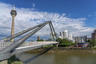 Pedestrian bridge over the Media Harbour, harbour entrance, Rhine near Düsseldorf, Rhineland, North