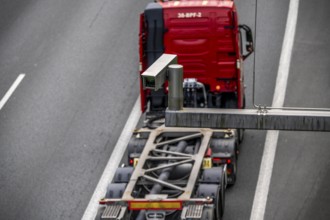 Traffic camera on the A3 motorway, traffic on 8 lanes, monitoring traffic on the temporarily open