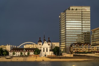 Kennedyufer in Cologne Deutz, on the Rhine, Old St Heribert Church, Lanxess Tower, administration