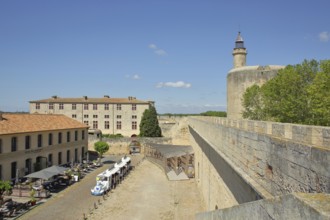 Historic city fortifications, museum and Tour de Constance, city wall, tower, tourist train, view