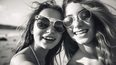 Two young girlfriends posing wearing sunglasses having fun on the beach, generatvie AI, AI