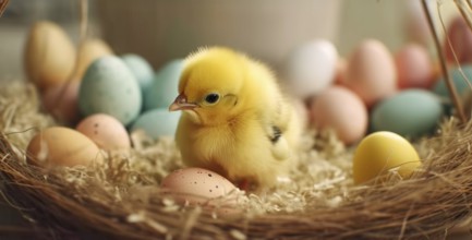 Cute newborn chick next to colorful easter eggs, generative AI, AI generated