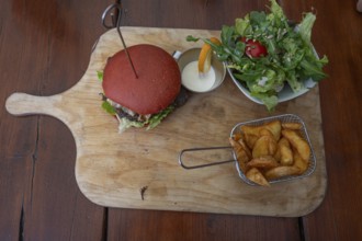 Veggie burger with fries and salad served on a wooden board, Bavaria, Germany, Europe