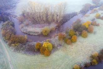 Aerial view of the Hunte in autumn, Meander, Hunte loop, Hunte, river, tree, forest, autumn