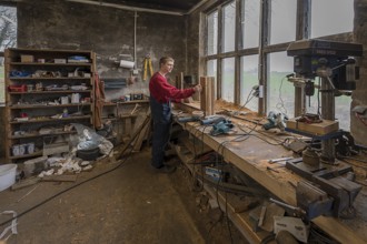 Young man builds a table in his workshop, Mecklenburg-Vorpommern, Germany, Europe