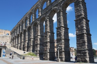 Impressive Roman aqueduct in Segovia, majestic under a clear blue sky, Aqueduct, Segovia, Castilla