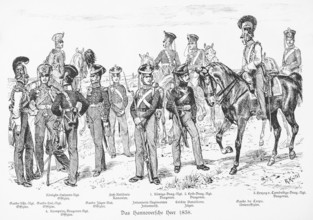 Historical illustration of uniforms around 1838, soldiers and officers with weapons and horses,