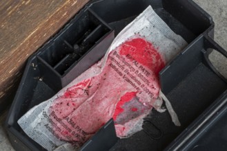 Open mouse bait station showing nibbling traces on bag with Brodifacoum rodenticide, poisonous