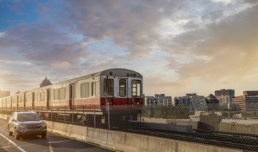 Boston subway lines, train crossing Longfellow bridge over scenic Charles river