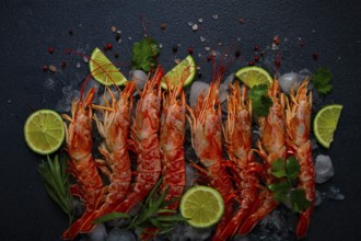 Langoustines, Australian, freshly frozen on ice, top view, lime and greens