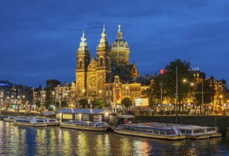 Basilica of Saint Nicholas by night, Amsterdam, Netherlands