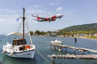 A Boeing 737-800 Jet2 aircraft with registration G-JZBU at Skiathos Airport, Greece, Europe