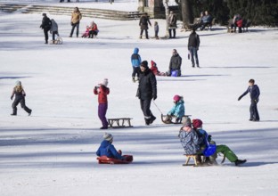 Tobogganing fun in Berlin's snow-covered Viktoriapark. Snow and icy cold continue to dominate the