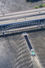 Barge under the Europabrücke and Alte Harburger Elbbrücke, Elbe, transport, coal, ore, aerial view,