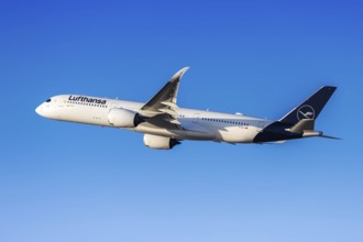 A Lufthansa Airbus A350-900 aircraft with the registration D-AIXJ at the airport in Munich,