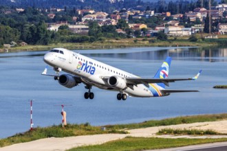 An Arkia Embraer 190 aircraft with the registration number 4X-EMC at Corfu Airport, Greece, Europe