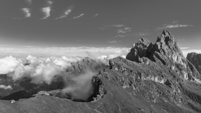 The peaks Sas Rigais and Furchetta of the Geisler group, W Drone image, black and white image, Val