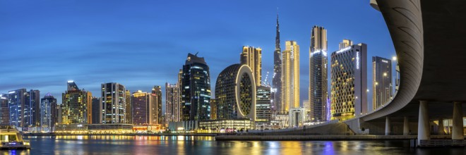 Dubai Burj Khalifa skyline tallest building in the world downtown at night panorama in Dubai,