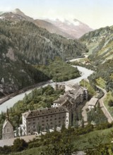 Lower Engadine, Tarasp, spa hotel and church, Graubuenden, Switzerland, Historical, digitally