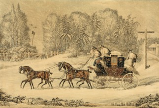 The stagecoach in a snowstorm, 1850, England, Historical, digitally restored reproduction from a