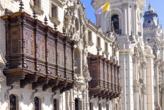 Lima, Peru, Archbishop Palace on colonial Central plaza Mayor or Plaza de Armas in historic center,