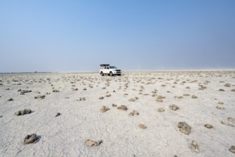 Four-wheel drive Toyota Hilux with roof tent, driving over salt pan, lone car in large wide plain,