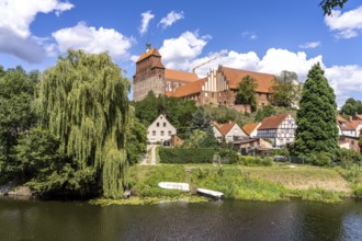 City moat and the Havelberg Cathedral of St Mary, Havelberg, Saxony-Anhalt, Germany, Europe