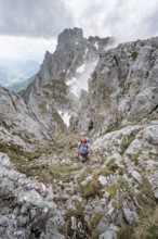 Mountaineer with helmet on a narrow hiking trail, ascent to the Maukspitze, clouds moving around