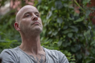 Portrait of a bald young man, Baden-Württemberg, Germany, Europe