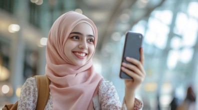 Attractive smiling muslim girl in traditional clothes takes selfie., AI generated