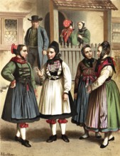 Traditional costumes in Germany around 1820, Grand Duchy of Hesse, Biedenkopf, Four young woman in