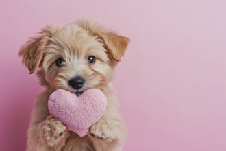 Cute dog holding plush heart in front of pink background with copy space. Generative Ai, AI