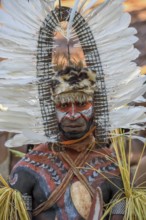 Portrait, warrior with feather decoration and body painting in the village of Upovia, Lake Murray,