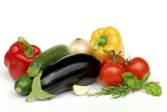 Ingredients for ratatouille, peppers, zucchini, aubergine, garlic, basil, tomatoes, rosemary, onion